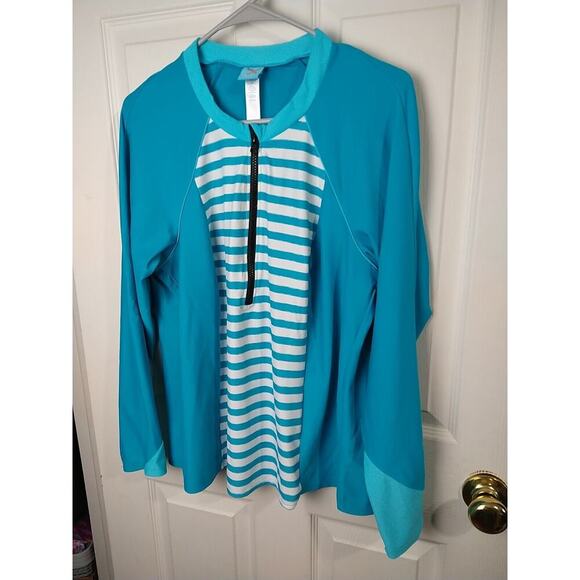 Coastal Blue Woman 1X Aqua White Rash Guard Long Sleeve 1/4 Zip Pullover - Picture 2 of 9